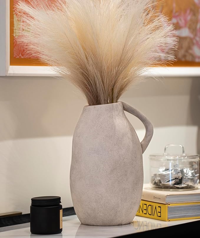 White Ceramic vase with Handle, Distressed Cement Texture, Boho Terracotta Large Pottery 10inch Tall, Rustic Farmhouse Decorative vases for Centerpieces, Unique Stoneware Jug for Flowers