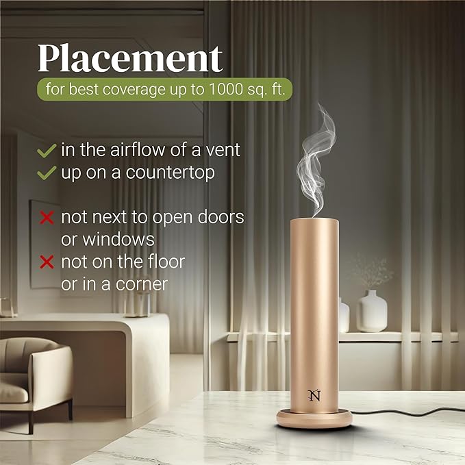 Dynamo Hotel Scent Diffuser – Cold-Air Essential Oil Diffuser for Home & Large Rooms up to 1000 sq ft, App & Manual Control, Hypoallergenic, Includes White Tea Fragrance Sample – Gold