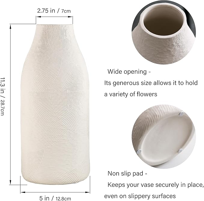 Large Textured Vase, Boho Ceramic Vase for Modern Farmhouse Home Decor, Pottery Vases for Flowers, Pampas Grass, Rustic Decorative Vase, Clay Vase Centerpieces for Dining Table