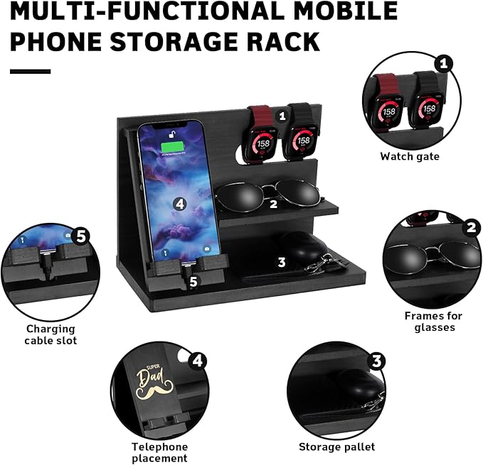 Fathers Day for Dad, Dad Birthday Gifts, Wood Phone Docking Station, Nightstand Organizer, Gifts for Dad, Christmas Father's Day Dad Gifts from Daughter Son, Organiser Birthday Presents for Dad