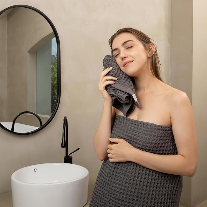 Luxury Japanese Cotton Silk Waffle Bath Towel | Plush, Absorbent, and Quick Dry (Smoke Grey, Face Towel (6 Pack))