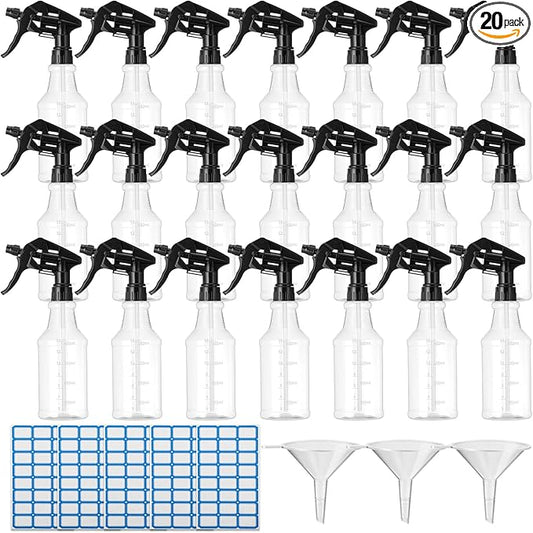 Eccliy 20 Pack 16oz Empty Spray Bottles, Leakproof Cleaning Bottles with Measurement and Adjustable Nozzle for Housekeeping, Commercial Use(Clear Cylinder,Black Spray Head)