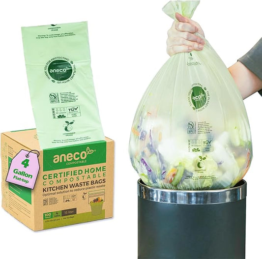 ANECO Compostable Trash Bags 4 Gallon (Flat-Top, 100 Count), Extra Strong for Medium Kitchen Garbage, OK Compost HOME & BPI Certified Compostable