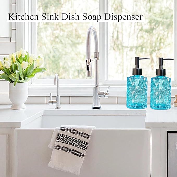 Clear Ocean Blue Glass Soap Dispenser with Plastic Pump, 2 Pack 12oz Diamond Design Bathroom Soap Dispenser for Hand Wash, Lotion Dispenser & Dish Soap Dispenser for Kitchen and Bathroom