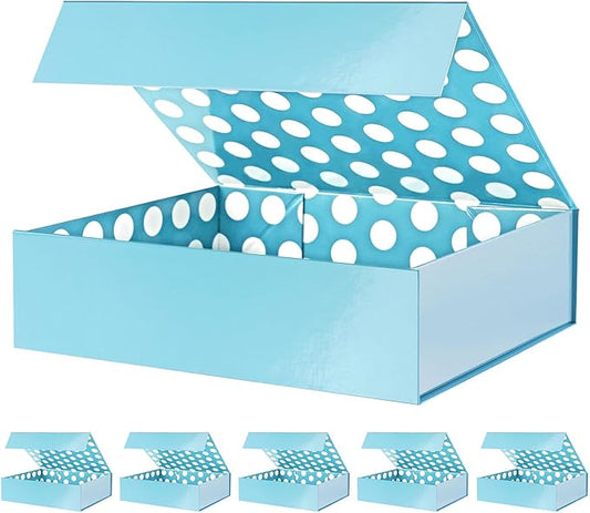 GREEN BEAN 6 Gift Boxes 13x9.7x3.4 Inches, Large Baby Blue Gift Boxes with Lids for Presents, Magnetic Gift Boxes for Clothes, Shirt Gift Boxes (Glossy Metallic Baby Blue, Dot Design Inside)