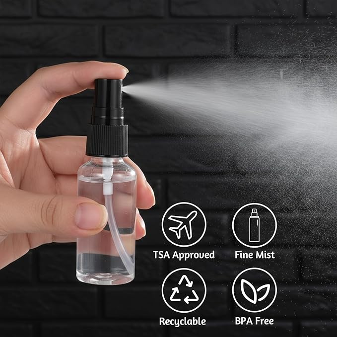 SHENLIU 100 Pcs Mini Clear Spray Bottles 1 oz Plastic Empty Travel Bottle Fine Mist Small Spray Containers with 2 Pcs Funnels Refillable Liquid Travel Containers for Perfume Skin Toner Essential Oils