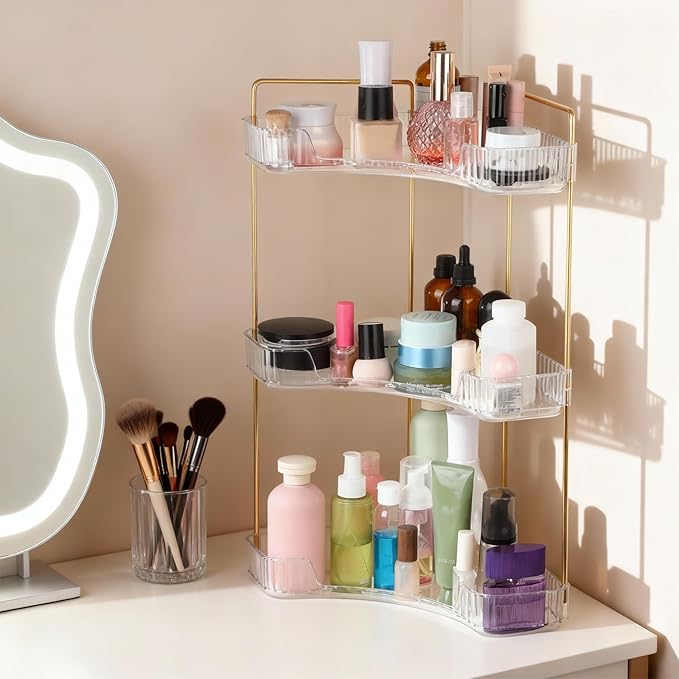 Corner Bathroom Counter Organizer, Vanity Makeup Cosmetic Storage, Makeup Organizer for Vanity, Perfume Tray Holder, 3 Tier Bathroom Countertop Organizers Shelf, for Dresser Kitchen Corner Storage