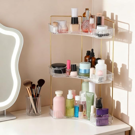 Corner Bathroom Counter Organizer, Vanity Makeup Cosmetic Storage, Makeup Organizer for Vanity, Perfume Tray Holder, 3 Tier Bathroom Countertop Organizers Shelf, for Dresser Kitchen Corner Storage