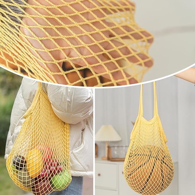 QUUPY 2Pcs Reusable Cotton Mesh Grocery Bags Long Handle Net Shopping Tote for Fruits Vegetables Produce Storage (White)