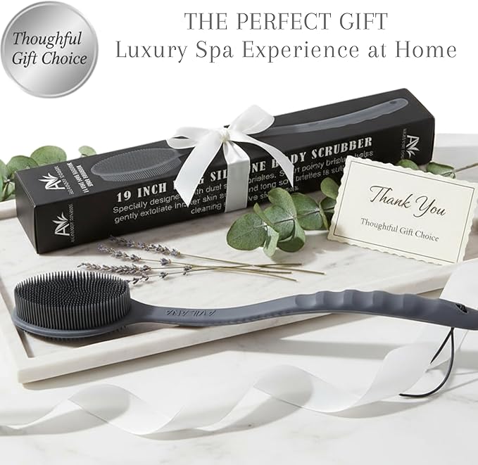 Silver Infused Long Handle Back Scrubber - 19 inch Premium Extended Reach Body Brush - Avilana Advanced Material Bath Tool Easy Grip - Luxury Body Wash Brush Gift