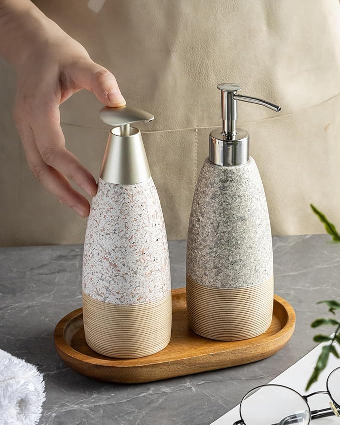 Soap Dispenser Set for Shower, Ceramic Refillable Soap Bottle for Shampoo, Conditioner, Bathroom & Kitchen with Silicone Funnel and 2 Pumps for Thanksgiving, Christmas, Granite Peach Blossom, 12 oz