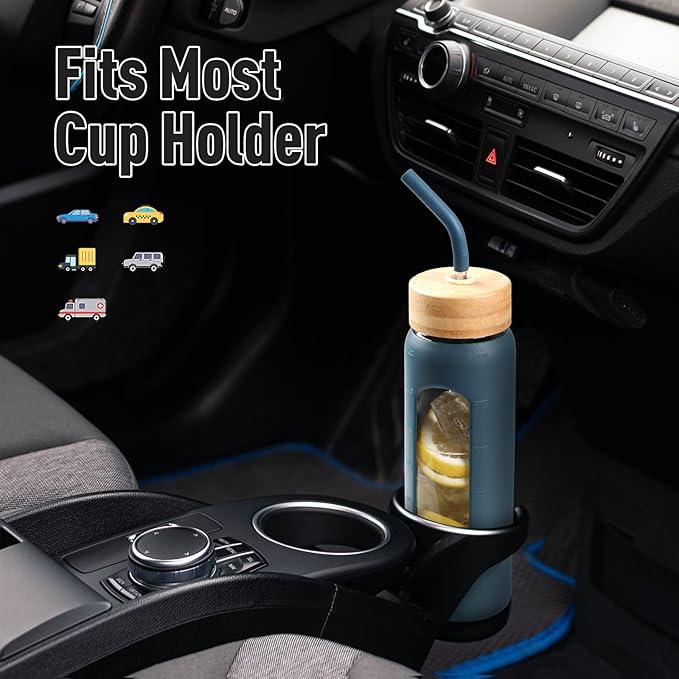 24oz Glass Water Bottle with Straw and 2 Lids-Bamboo and Spout Lid, Borosilicate Glass Water Bottle with Silicone Sleeve and Time Marker,BPA Free & Cupholder Friendly,Dark Blue