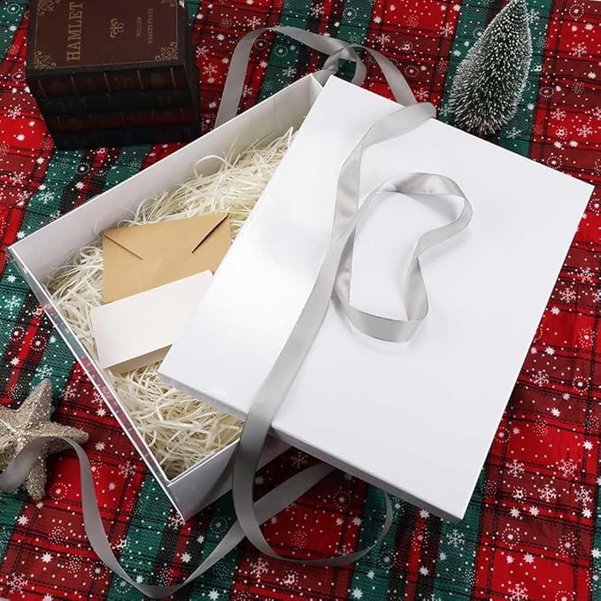 Extra Large Gift Box with Lid 17x13x6 Inches, White Gift Boxes for presents Packaging for Birthdays, Valentine's Day, Christmas, Anniversaries (Include Shredded Paper Fill, Envelope Card Ribbon)