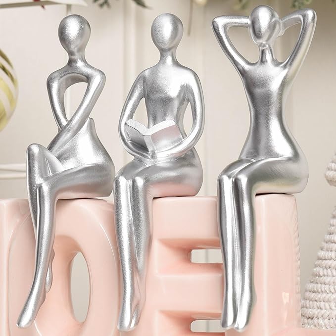 Quoowiit Thinker Statue Office Desk Decor, Silver Art Sculpture Ornament Coffee Table Bookshelf Decor Modern Home Unique Home Decorations for Living Room 3 Piece