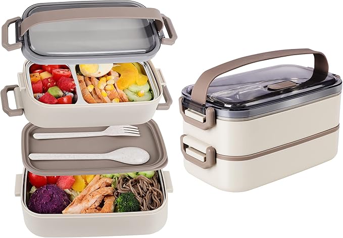 Stainless Steel Bento Box for Adults&Kids,Japanese Leakproof Lunch Box Divided Food Meal Storage Containers Set Stackable 2 Layer for Children School Picnic Beige