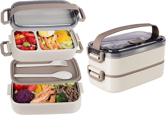 Stainless Steel Bento Box for Adults&Kids,Japanese Leakproof Lunch Box Divided Food Meal Storage Containers Set Stackable 2 Layer for Children School Picnic Beige
