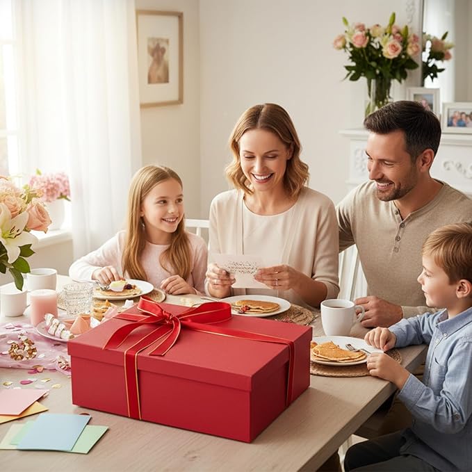 Rinrda Extra Large Gift Box 16.5x13x5.5 inches,Red Gift Boxes with Lids for Presents,Perfect for Birthday,Valentine's Day,Christmas,Anniversaries,Contains Card,Ribbon,Shredded Paper Filler.