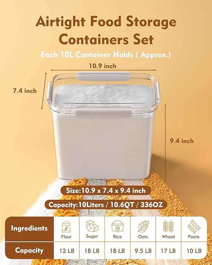Flour Sugar Storage Containers Set of 3(12L/403oz)(10L/336oz) (6L/201oz),Clear Extra Large Food Storage Containers with Lids for Cereal,Flour,Sugar,Rice,BPA Free & Airtight Kitchen Pantry Organization