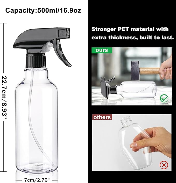 Spray Bottles Plastic Spray Bottle for Hair Mist/Stream Heavy Duty Empty Spray Bottles for Cleaning Solutions, Plants, Cooking (16.9oz-Blackclear+nozzle)