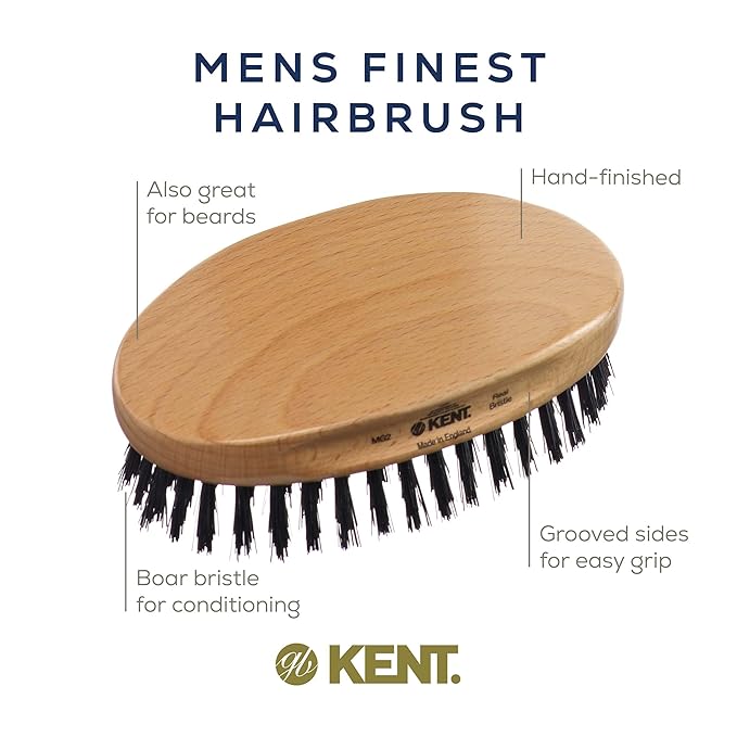 Kent MG2 Boar Bristle Hair Brush for Men, Military Brush with Natural Boar Bristles for Mens Grooming for All Hair Types, 360 Wave Brush Travel side for beard and mustache