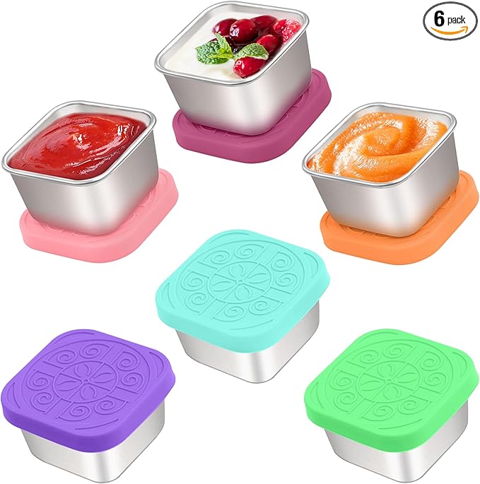6x2.7 Oz Salad Dressing Container to Go,Handy Leakproof Stainless Steel Meal Prep Containers Reusable,Sauce Containers for Lunch Box, Picnics, Travel, Office and Kitchen Storage-Square