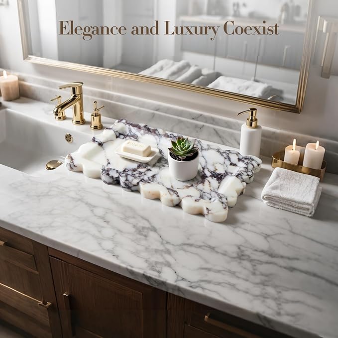 Calacatta Viola Natural Marble Tray, Scalloped Bathroom Tray, Luxury Decorative Trays for Bathroom, Vanity, Dresser, Kitchen & Home Decor, House Warming Gifts New Home (Rectangle,12x7.4 Inch)