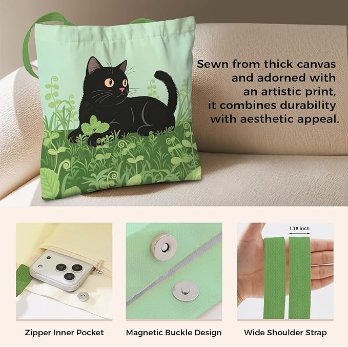 Cute Aesthetic Canvas Tote Bag for Women, Reusable Foldable Shopping Cotton Shoulder Totebag with Zipper Pocket