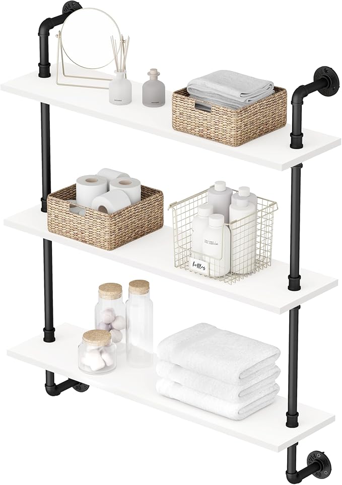 3-Tier Industrial Pipe Floating Shelf – Rustic 30 inch Wood Wall-Mounted Storage Shelf for Kitchen Office,Bathroom & Home Decor -White