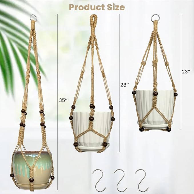 3 Pcs Macrame Plant Hangers,Indoor Different Size Hanging Planter Basket Flower Pot Holder with Beads,No Tassels Hanging Planter Basket with Wood Beads for Indoor Outdoor Home Decor