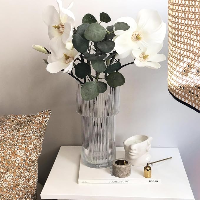 Large Glass Vase, 12 Inches Tall Vase for Flowers, Flower Vases for Bouquet, Modern Ribbed Glass Vases for Living Room, Dining Table, Office, Entryway, Mantle, Shelf, Wedding Gifts