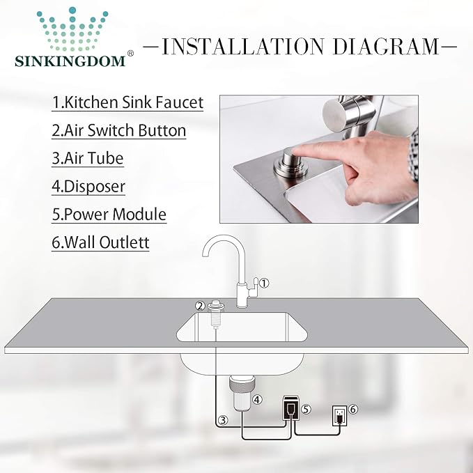 SinkTop Air Switch Kit with Brushed Nickel Long Button (Full Brass) for Garbage Disposal, Single Outlet