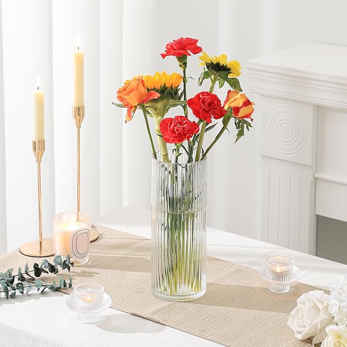 Clear Glass Vase, Glass Flower Vase, Ribbed Glass Vase, Clear Vase, Tall Cylinder Glass Vases for Centerpieces, Living Room, Dining Table, Office, Wedding, Bookshelf Decoration, 9.8 Inches
