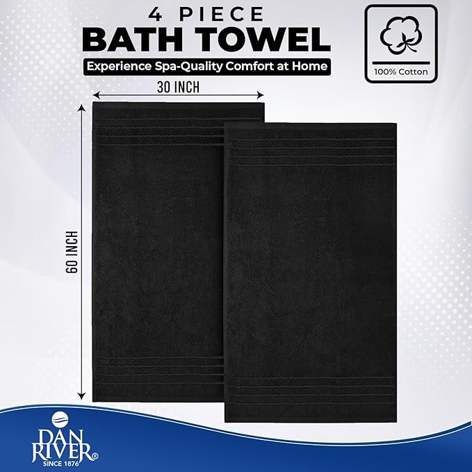 DAN RIVER Bath Towels Set of 4, 30 x 60 Inches, 100% Cotton, Larger & Lighter Weight, Quicker to Dry, Super Soft and Absorbent, Ideal Hotel Towels for Daily Use, Black