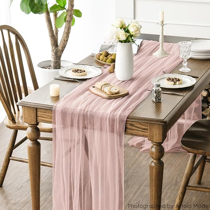 Artoid Mode 6PCS Dusty Rose Gauze Table Runner 120 Inch 10FT, Seasonal Sheer Kitchen Dining Holiday Wedding Birthday Baby Shower Table Decor for Home Party