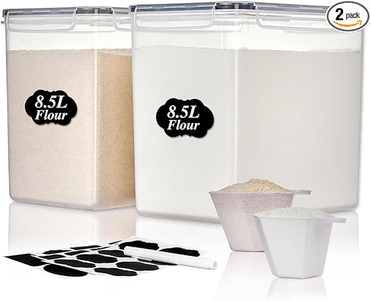 Vtopmart 8.5L 2 Pack Extra Large Flour Sugar Storage Containers for 20lbs flour, Airtight Kitchen Pantry Organization Canisters with Lids for Bulk food, Rice, Baking Supplies, BPA Free, Black