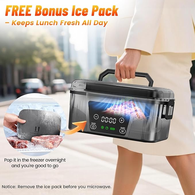 Cordless Electric Lunch Box for Adults, 18000mAh Rechargeable Heated Lunch Box Battery Powered with Scheduled Heating, 1.5L Portable Food Warmer, Bonus Ice Pack & Insulated Bag for Work, Office, Car