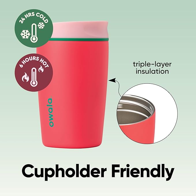 Owala SmoothSip Slider Insulated Stainless Steel Coffee Tumbler, Reusable Iced Coffee Cup, Hot Coffee Travel Mug, BPA Free 12 oz, Pink/Red (Strawberry Fields)