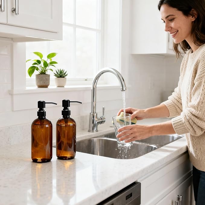 16 Oz Amber Glass Soap Dispenser with Black Pump, Refillable Liquid Hand soap Dispenser for Bathroom, 2 Pack Premium Kitchen Soap Dispenser