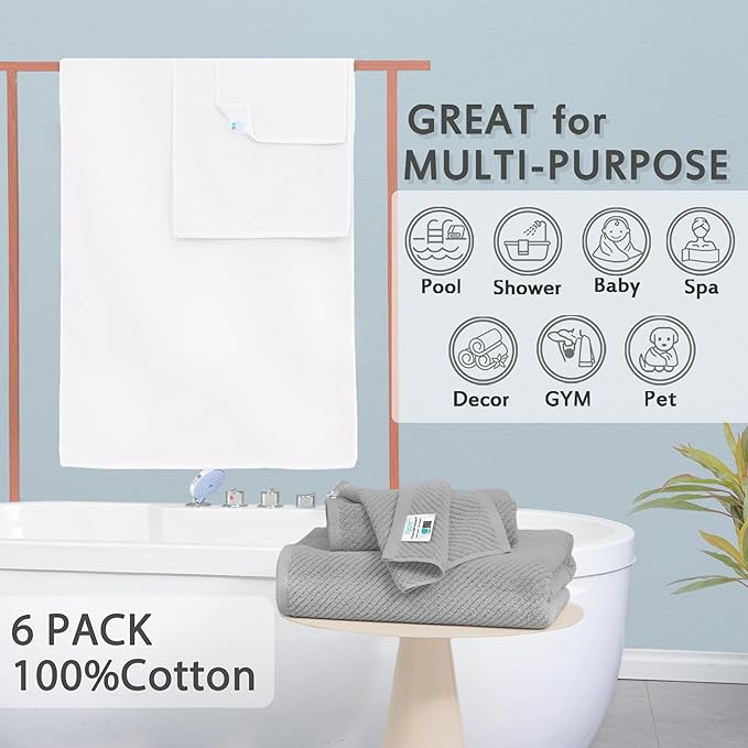 VOOVA & MOVAS Bathroom Towel Set - 100% Cotton | Soft | Quick Dry, Towel Set of 6, 2 Large Bath Towels 30"x56", 2 Hand Towels 18"x28", 2 Washcloths 13"x13", Bathroom Essentials, Grey and White