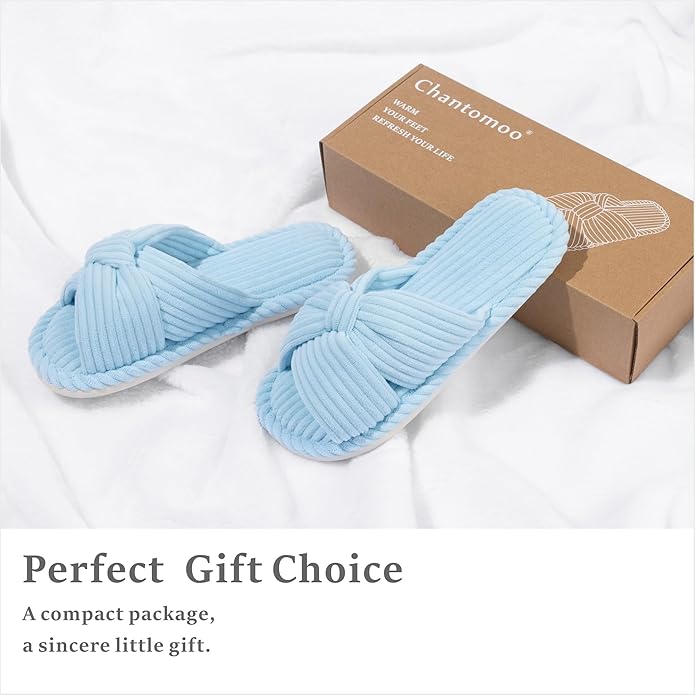 Chantomoo Slippers for Women Memory Foam House Womens Slipper Slides Home Bedroom Bathroom Spa Open Toe Corduroy Bow Slippers Cozy Comfortable