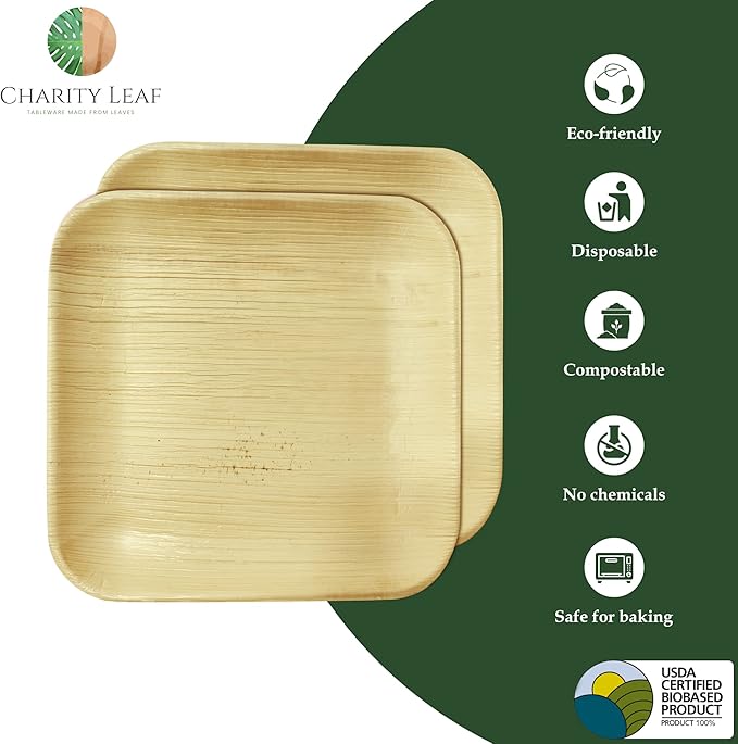 Charity Leaf Disposable 8" Square Palm Leaf Plates Bulk (200-pack) | Premium like Bamboo, Biodegradable, Heavy Duty, Natural | Perfect for Outdoor Parties, Weddings, Charcuterie, Catering Events