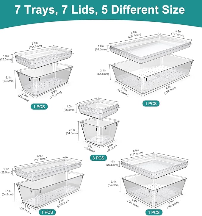 14 Pcs Drawer Organizer for Makeup/Office Supplies/Vanity/Desk Drawer Organizers, Acrylic Organizers, Shallow Drawer Organizers with Lid Design