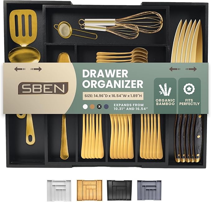 Sben Expandable Drawer Organizer for Utensils Holder, Adjustable Cutlery Tray, Wood Drawer Dividers Organizer for Silverware, Flatware, Knives for Kitchen (Black)
