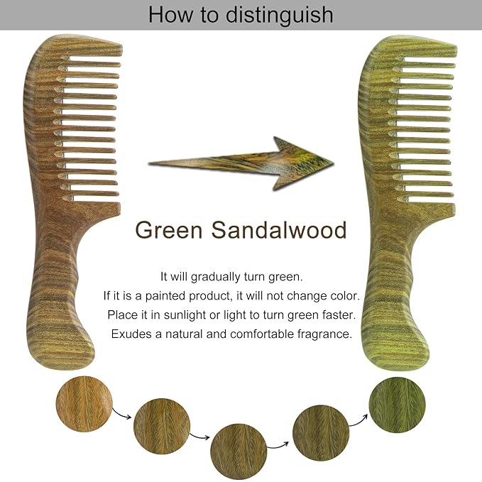 Wooden Hair Comb 3 Pcs, Natural Green Sandalwood Comb for Women and Men, Detangles Wet or Dry Curly, Thin, Thick, Wavy or Straight Hair, Scalp Massager, Anti-static (Medium+ Fine)