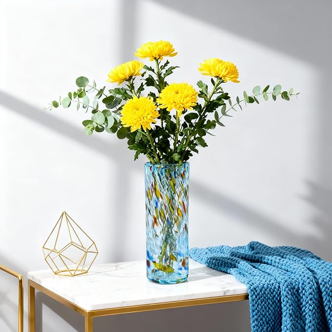 9.45" Tall Aqua Vase Hand Blown Glass Vase Green, Modern Aqua Home Centerpieces Wide Mouth Vases for Bud&Flower Decor - Ideal Living Room, Kitchen, Wedding, Dining Table, Office Center Table