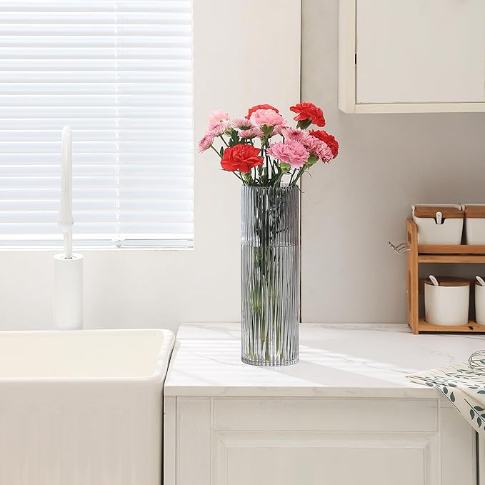 Black Glass Vase, Glass Flower Vase, Ribbed Glass Vase, Black Vase, Tall Cylinder Glass Vases for Centerpieces, Living Room, Bedroom, Dining Table, Office, Wedding, Bookshelf, 12 Inches