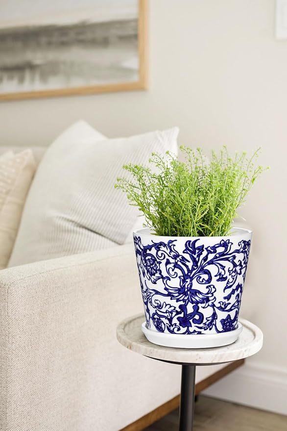 Blue and White Ceramic Planters Pots, Ceramic Flower Pots with Drainage Hole & Saucer, Indoor/Outdoor Ceramics Plant Pot for Succulents, Cactus, Flowers, Garden Home Tabletop Decor, 5+4 Inch Set of 2