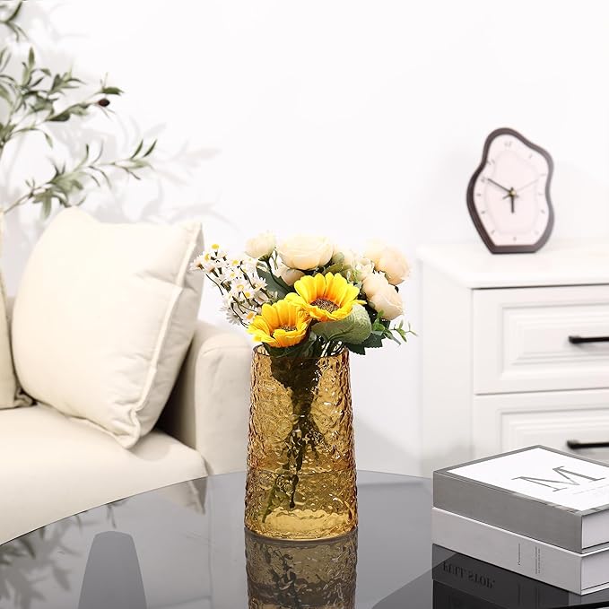 Amber Glass Vase, Flower Vases for Bouquet, Modern Glass Vase for Flowers, Large Vases for Living Room, Bedroom, Kitchen, Office, Wedding, Dining Table, 8 Inches