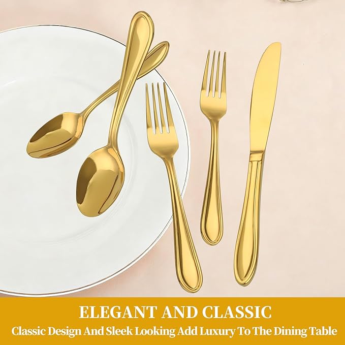 Gold Silverware Set, 40 Piece Flatware Cutlery Set for 8,18/0 Stainless Steel Utensils,Mirror Polished Modern Tableware for Home & Kitchen Dining Wedding, Party