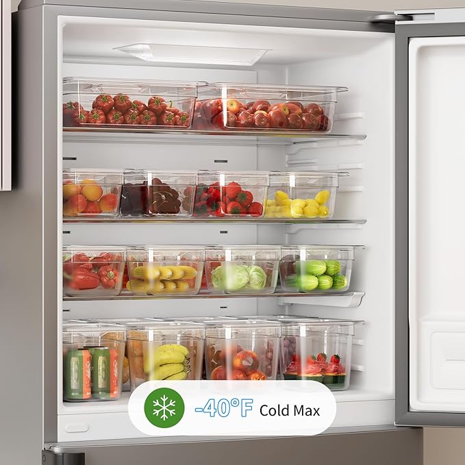 1/6 4" 6 Pack Plastic Food Pans With Lids, Clear Food Pan, Commercial Stackable Polycarbonate Freezer-Safe for Fruits Vegetables Restaurant Kitchen